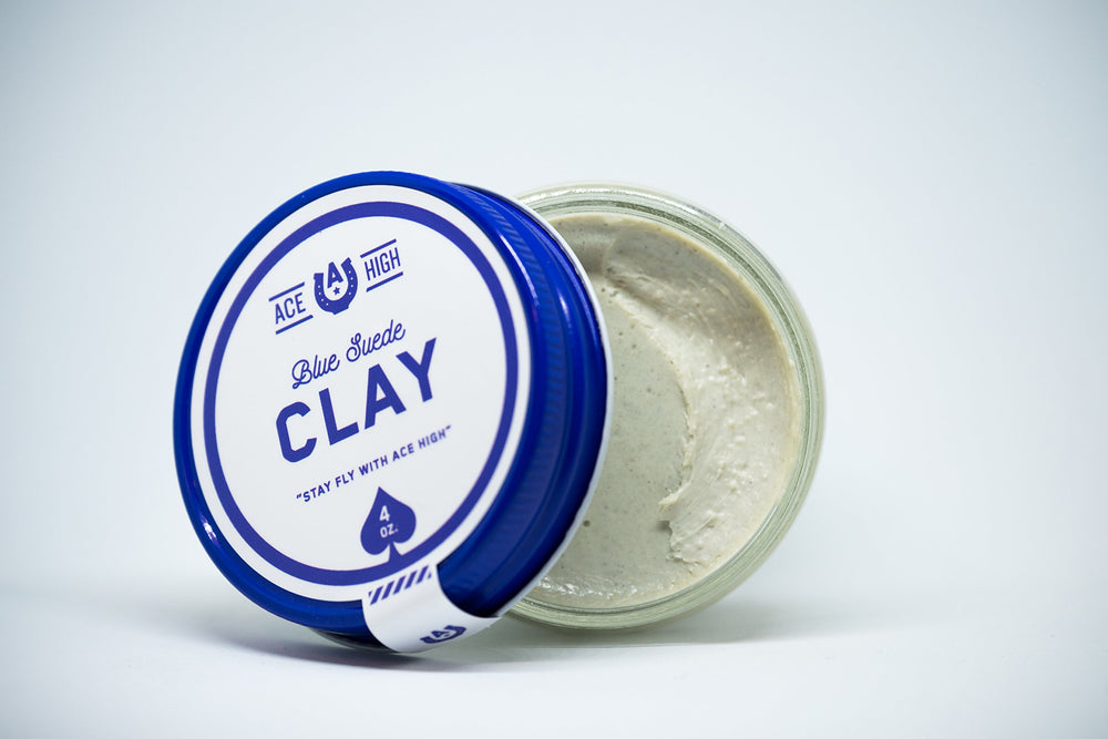 Ace High Blue Suede Clay jar closeup emphasizes natural ingredients