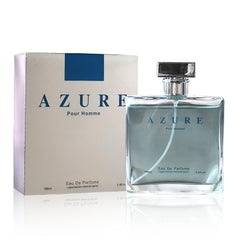 A Center Azure Pour Homme bottle highlighting luminous fragrance for everyday elegance and confidence.