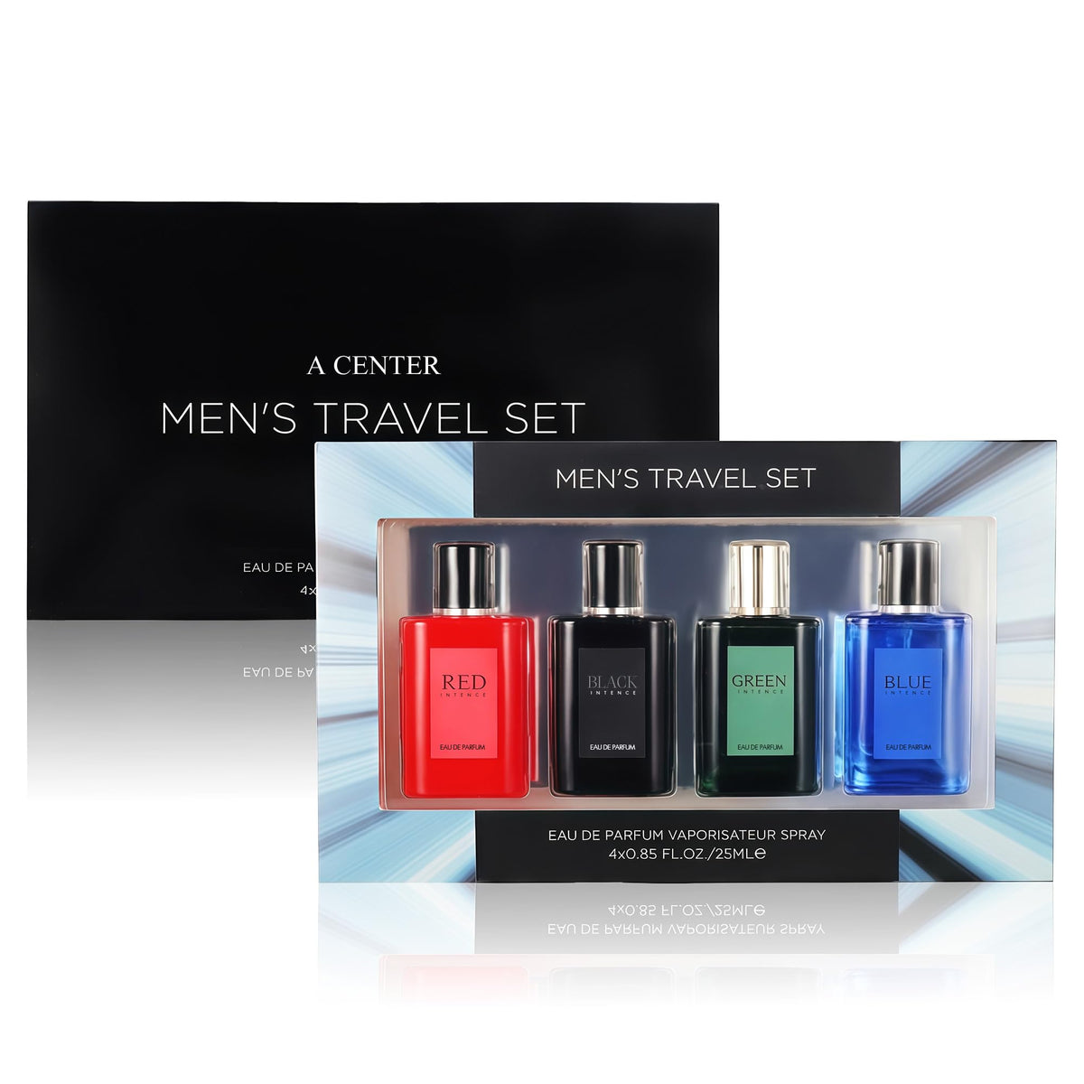 A CENTER travel set packaging in a sleek case, perfect for gifting.