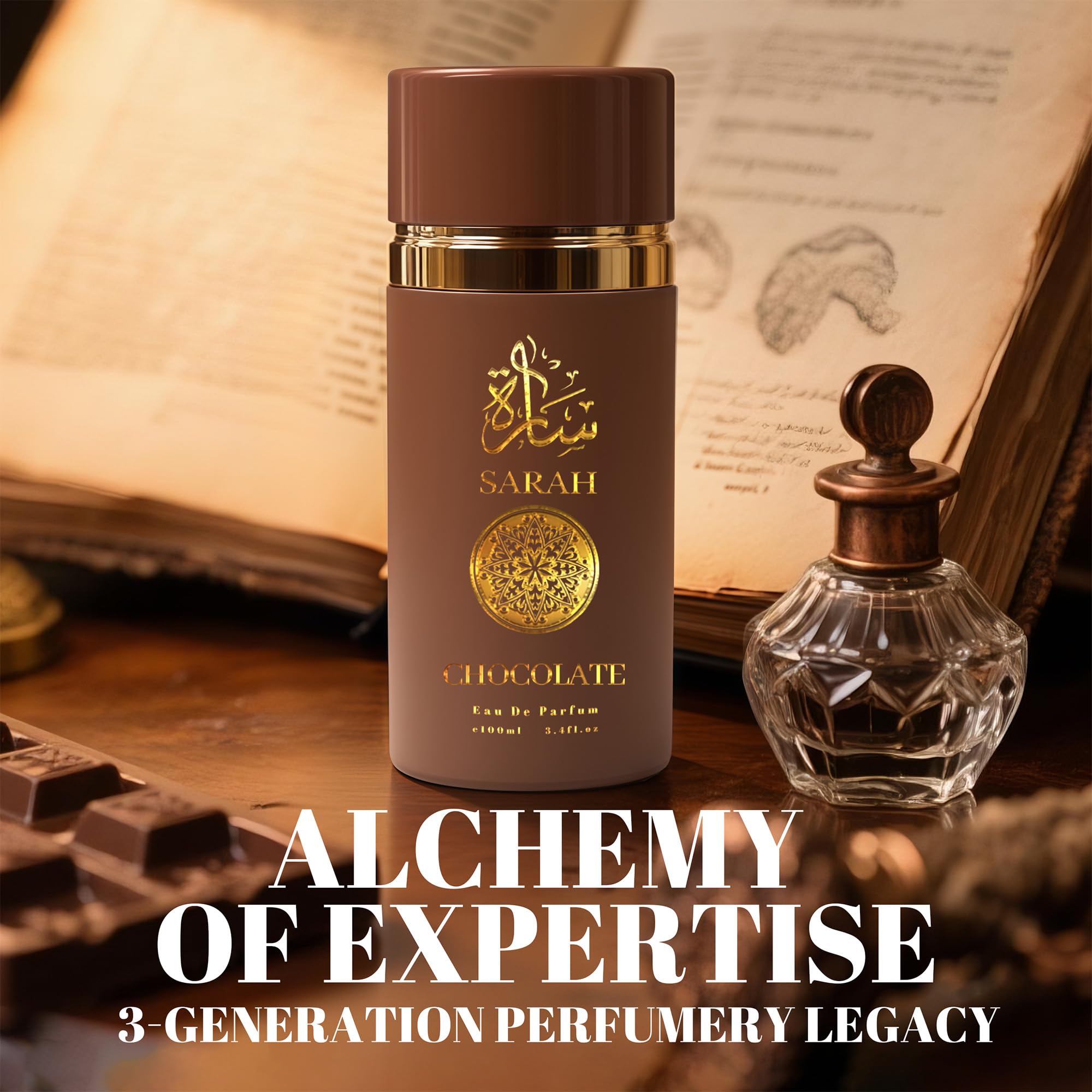 A CENTER Sarah Chocolate notes base closeup, warm amber-wood foundation for lasting allure.