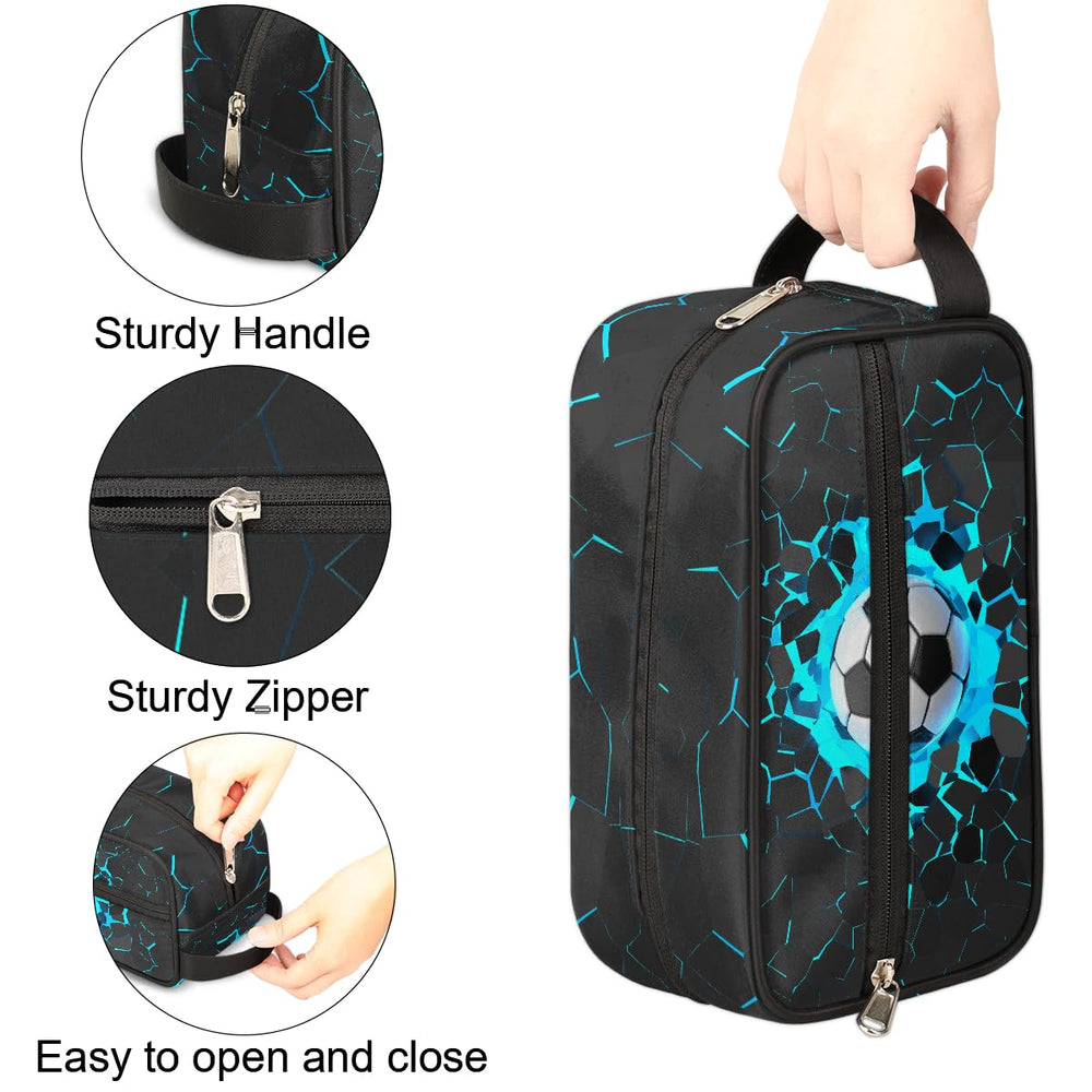 Ackutea Kids Travel Toiletry Bag blue 3D soccer ball hanging view for easy access in bathroom or car.