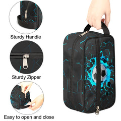 Ackutea Kids Travel Toiletry Bag blue 3D soccer ball hanging view for easy access in bathroom or car.