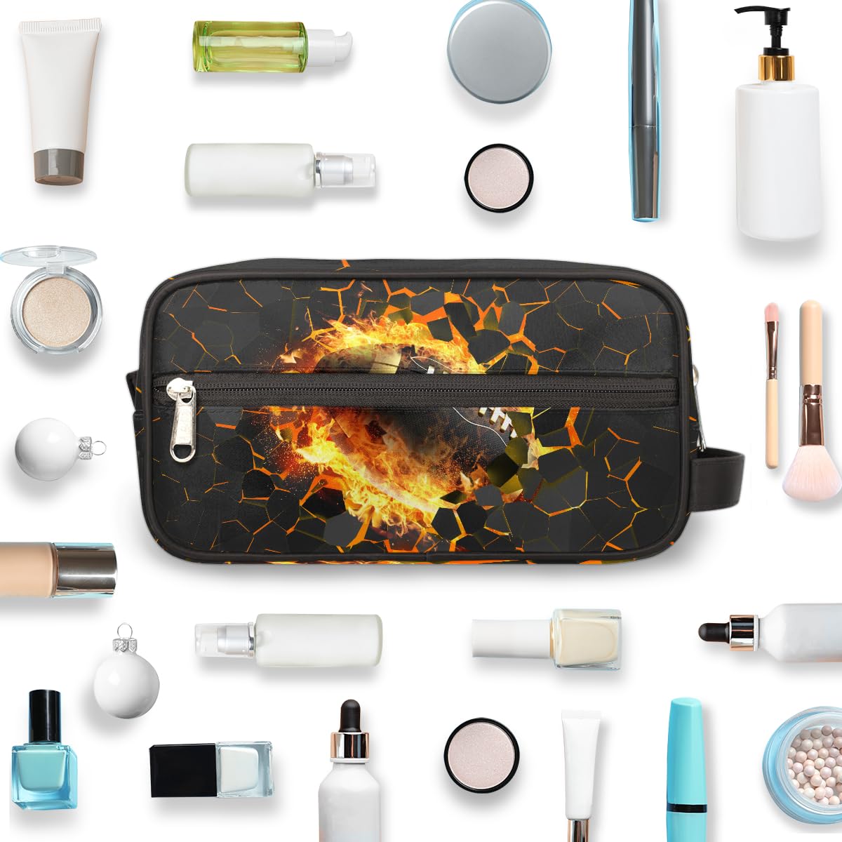 Roomy main compartment holds toothbrushes, toothpaste, shampoo and more.