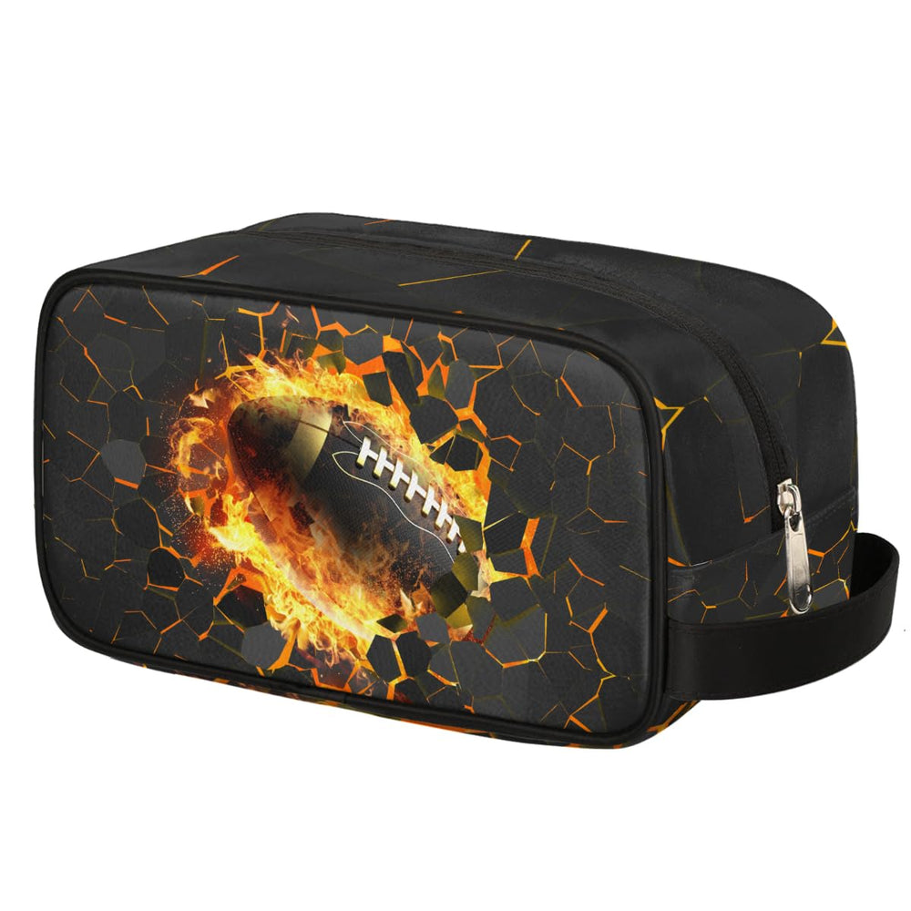 Ackutea Kids travel toiletry bag with yellow fire football print, perfect for organized weekend trips.