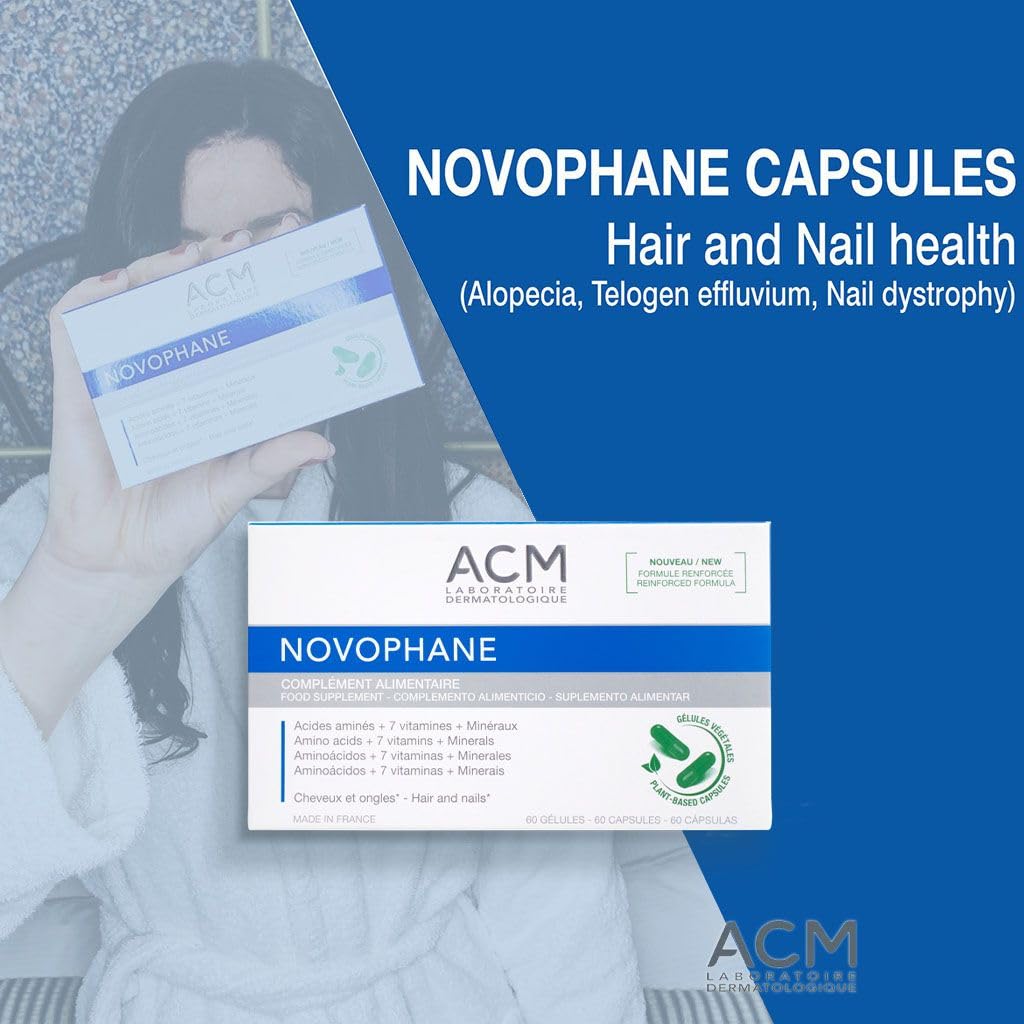 ACM Novophane caps dosage guide highlighting two capsules per day.