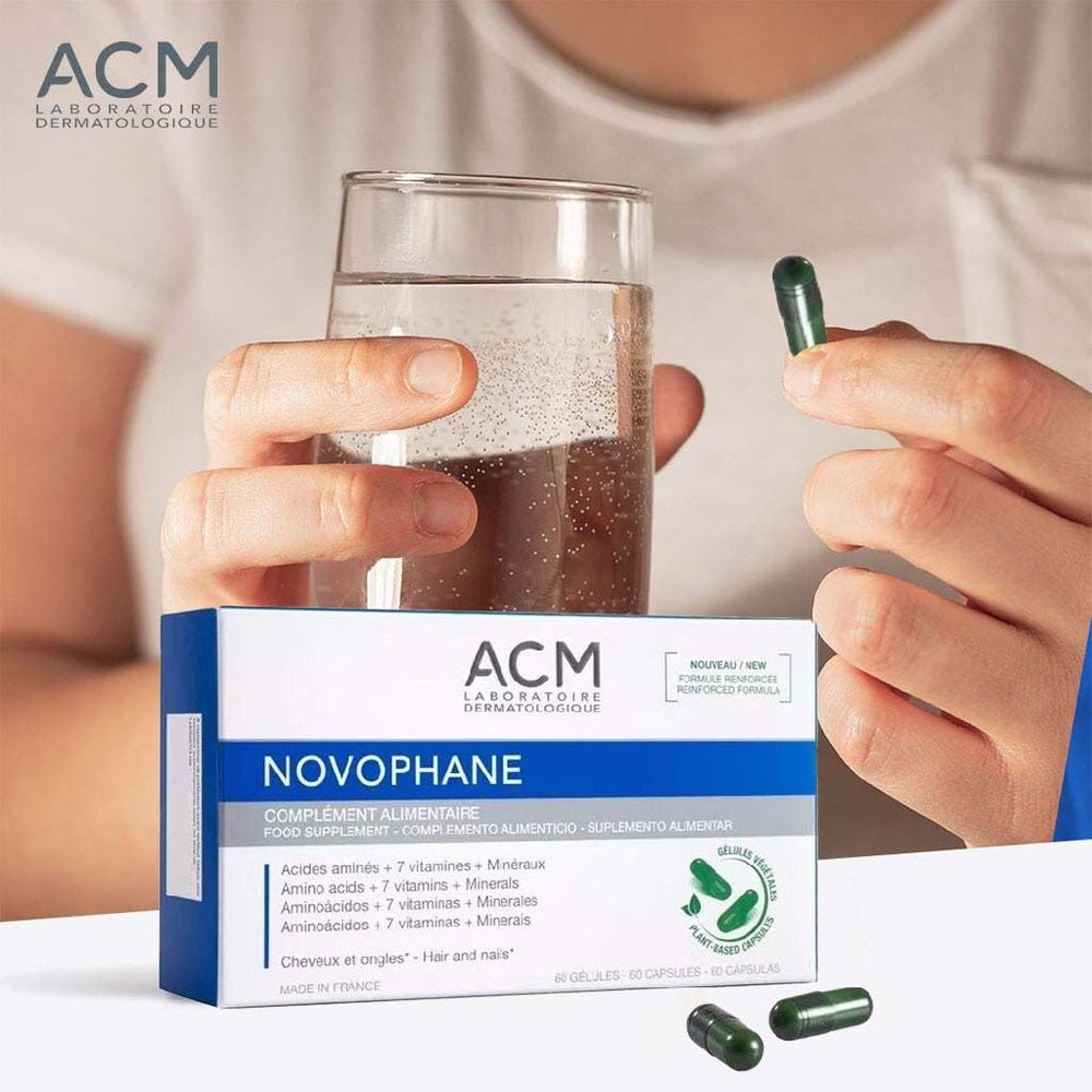 ACM Novophane ingredient panel featuring sulfur amino acids and vitamins.
