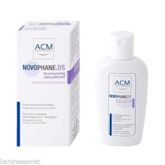 ACM Novophane DS shampoo bottle highlighting scalp balance benefits.