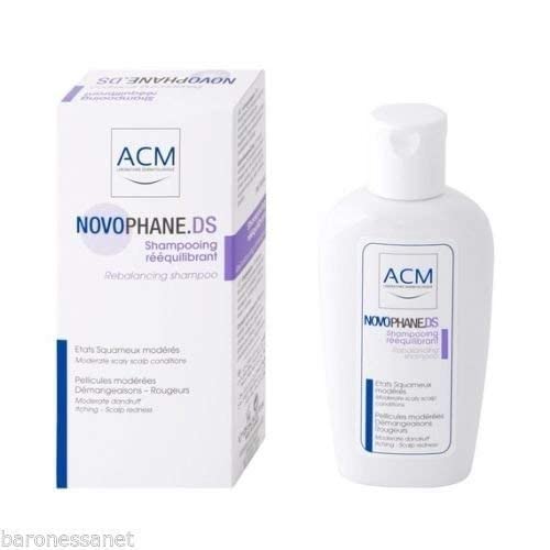 ACM Novophane DS label close-up shows dandruff-fighting ingredients.
