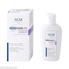 ACM Novophane DS label close-up shows dandruff-fighting ingredients.