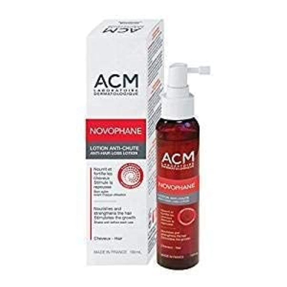 ACM Novophane lotion bottle on shelf suggests regular use.