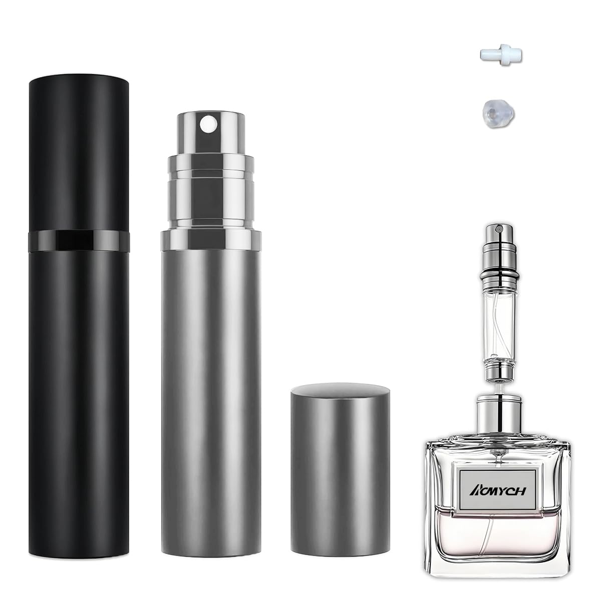 ACMYCH travel perfume atomizers in black and gray for on-the-go fragrance.