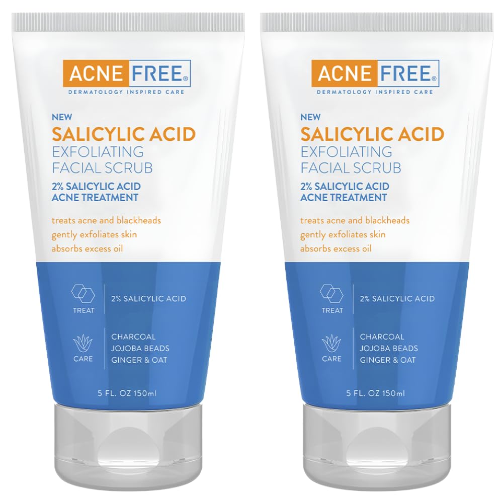 AcneFree Blackhead Removing Scrub bottle shows 2% salicylic acid for gentle exfoliation.