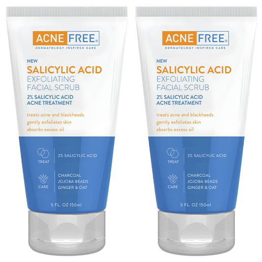 AcneFree Blackhead Removing Scrub bottle shows 2% salicylic acid for gentle exfoliation.