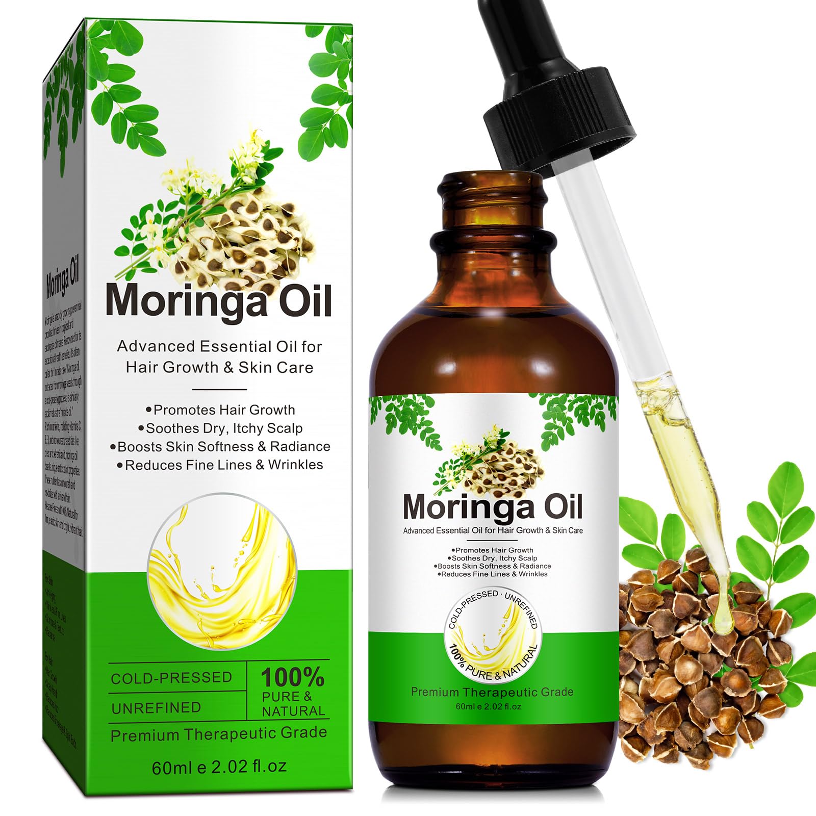 Acorn + Oak Moringa oil bottle on wood shows lightweight, fast-absorbing moisture for skin.