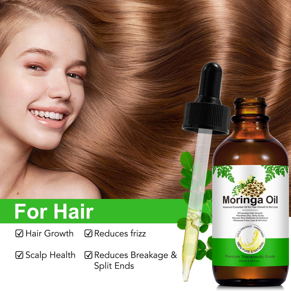 Close-up of Acorn + Oak Moringa oil dropper for nourishing hair and skin.