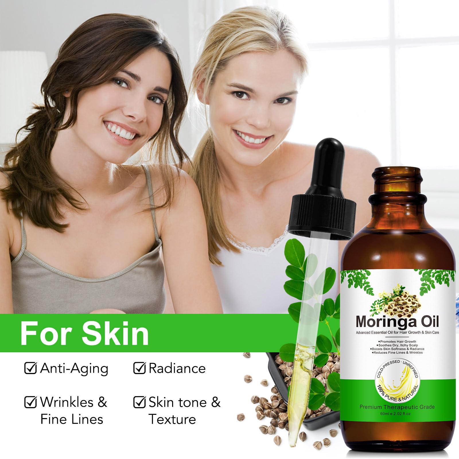 Acorn + Oak Moringa oil bottle with label highlights organic, ethane-free formula for care.