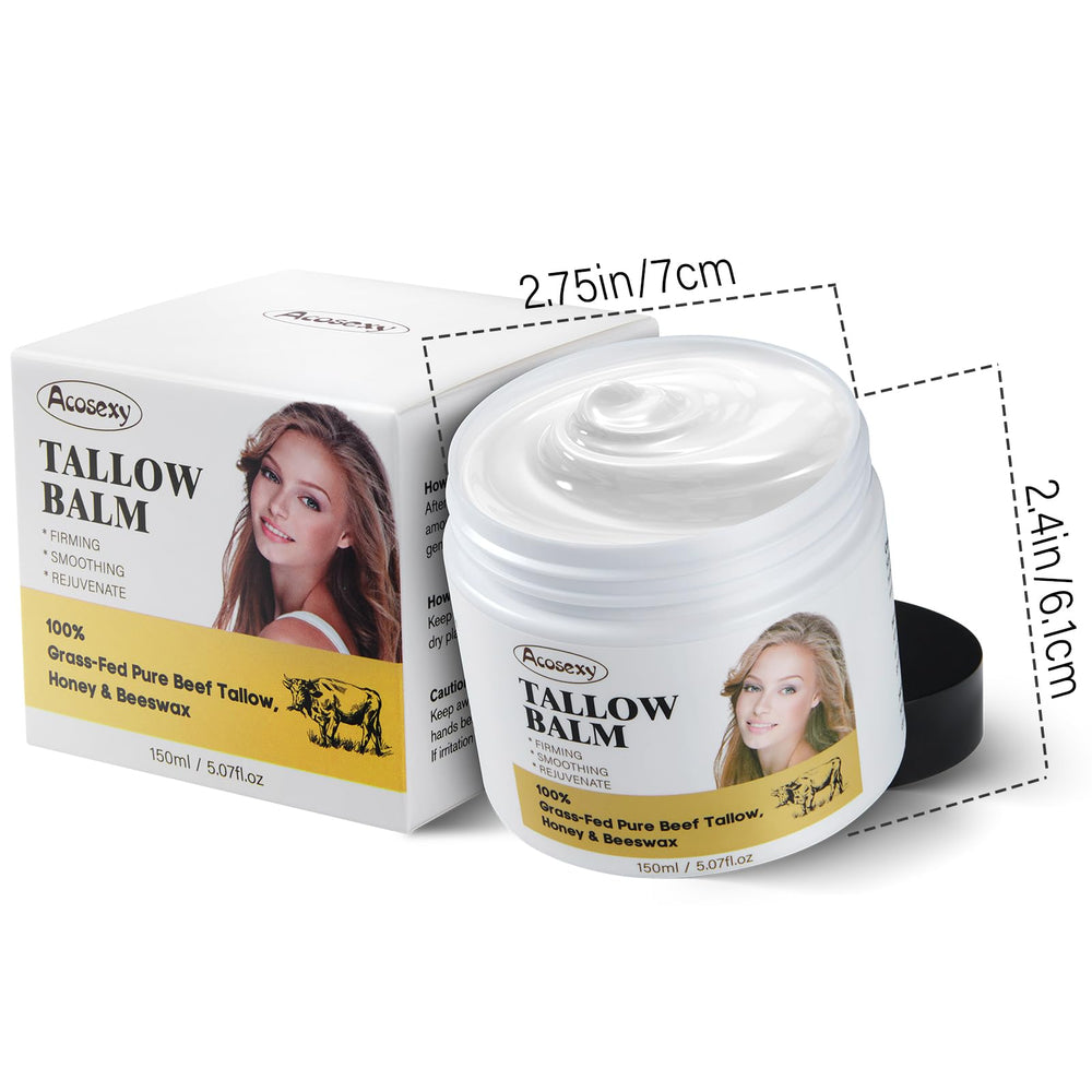 Acosexy natural skincare beef tallow product display highlights clean ingredients
