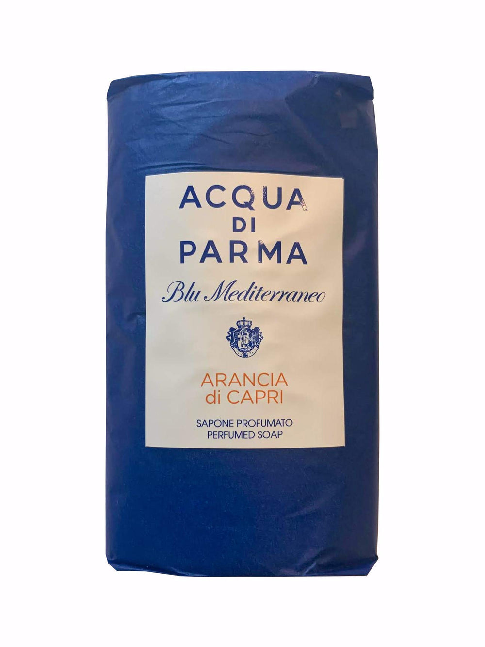 Three wrapped Acqua Di Parma Arancia Di Capri soaps on a tray for spa-like cleansing.