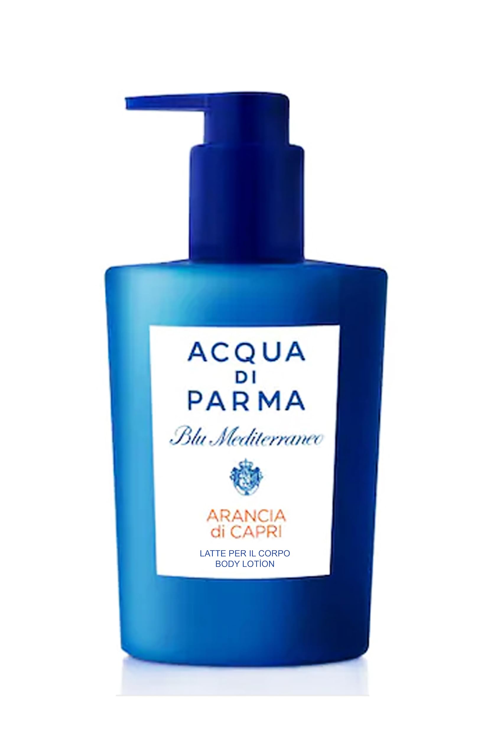 Acqua di Parma Blu Mediterraneo body lotion pump dispenses hydration with a refreshing citrus scent.