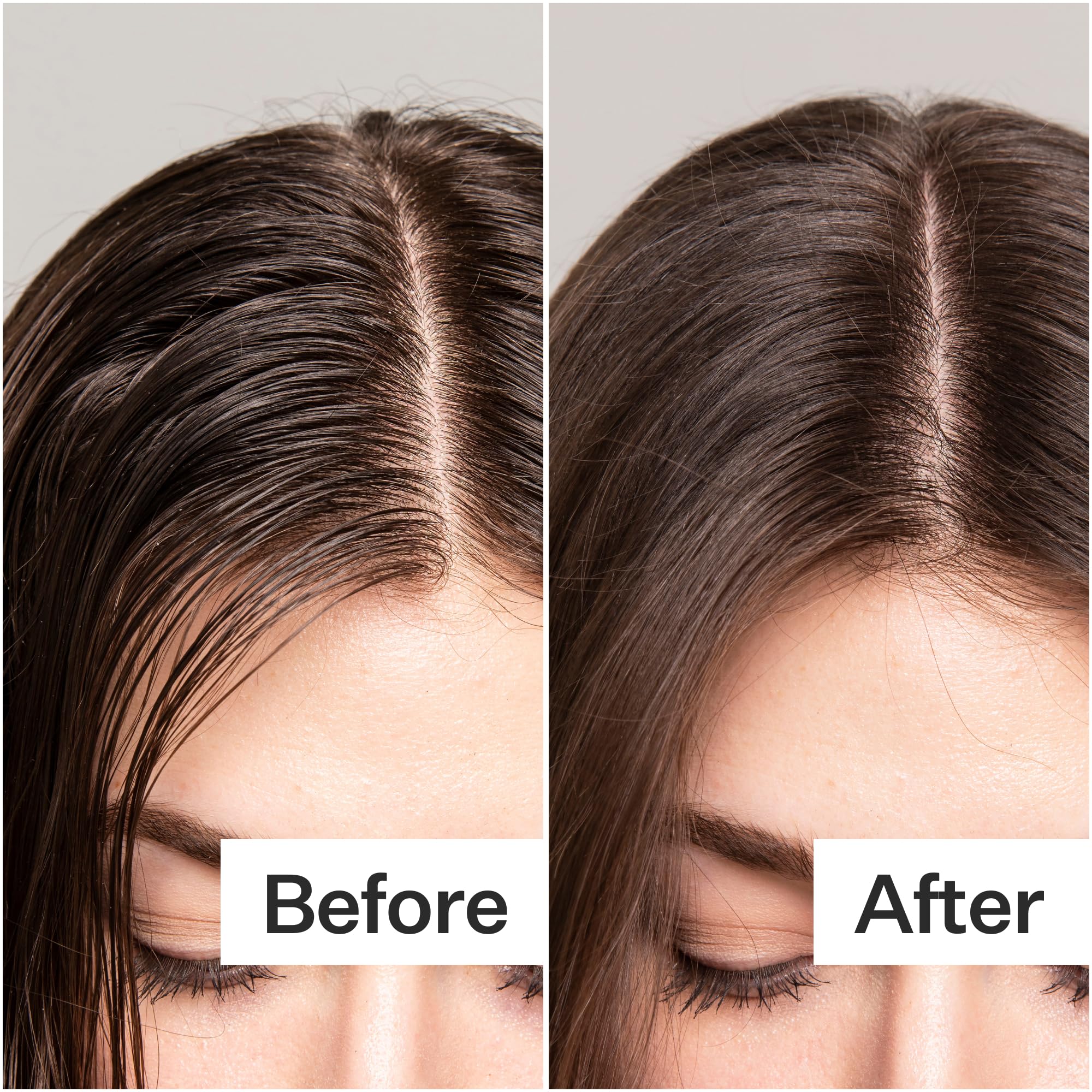 ACT+ACRE fulvic acid dry shampoo applied to roots shows oil absorption in action