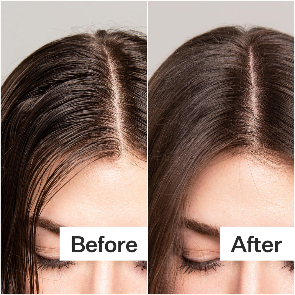 ACT+ACRE fulvic acid dry shampoo applied to roots shows oil absorption in action