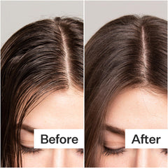 ACT+ACRE fulvic acid dry shampoo applied to roots shows oil absorption in action