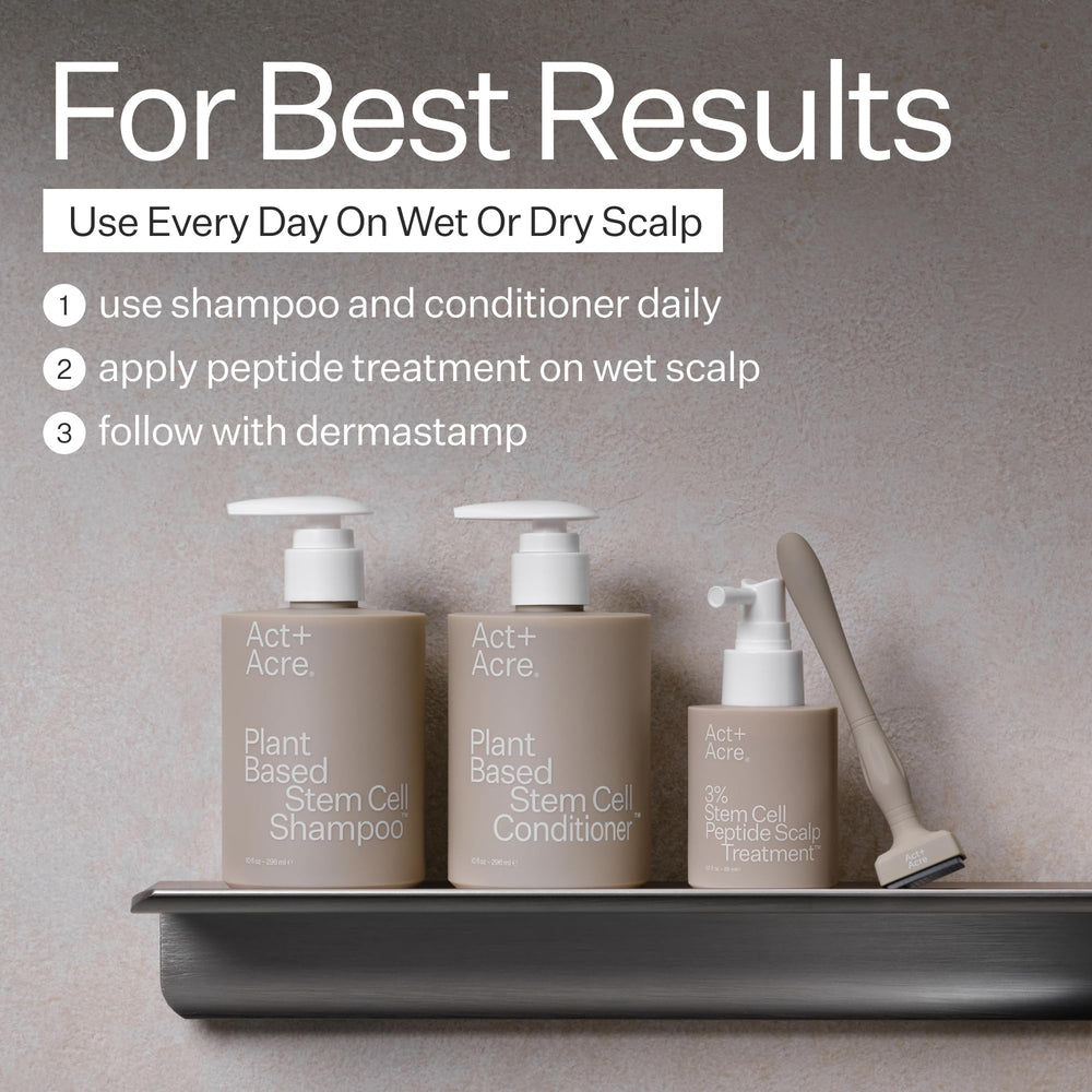ACT+ACRE Stem Cell Shampoo packaging with eco-friendly design for mindful routines.