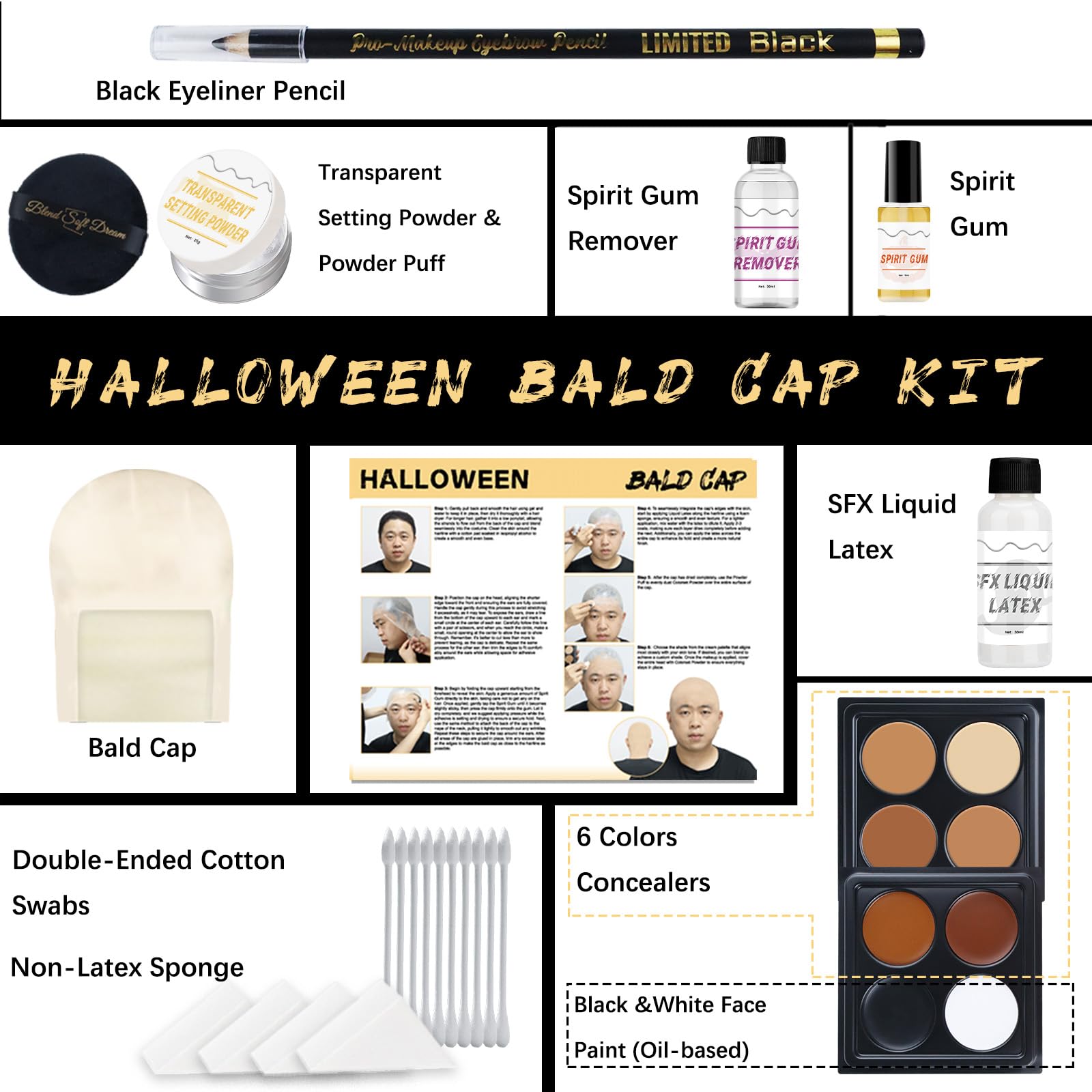 Actabostte Bald Cap Kit palette close-up highlighting 8 skin tones for diverse appearances.