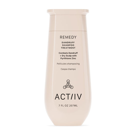 ACTIIV Remedy Dandruff Shampoo bottle closeup highlights plant-based formula for scalp refresh