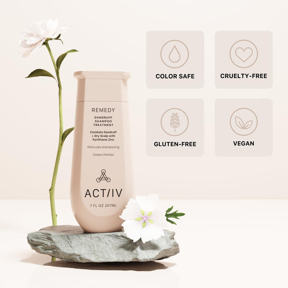 ACTIIV Remedy Dandruff Shampoo label details show vegan, plant-based ingredients