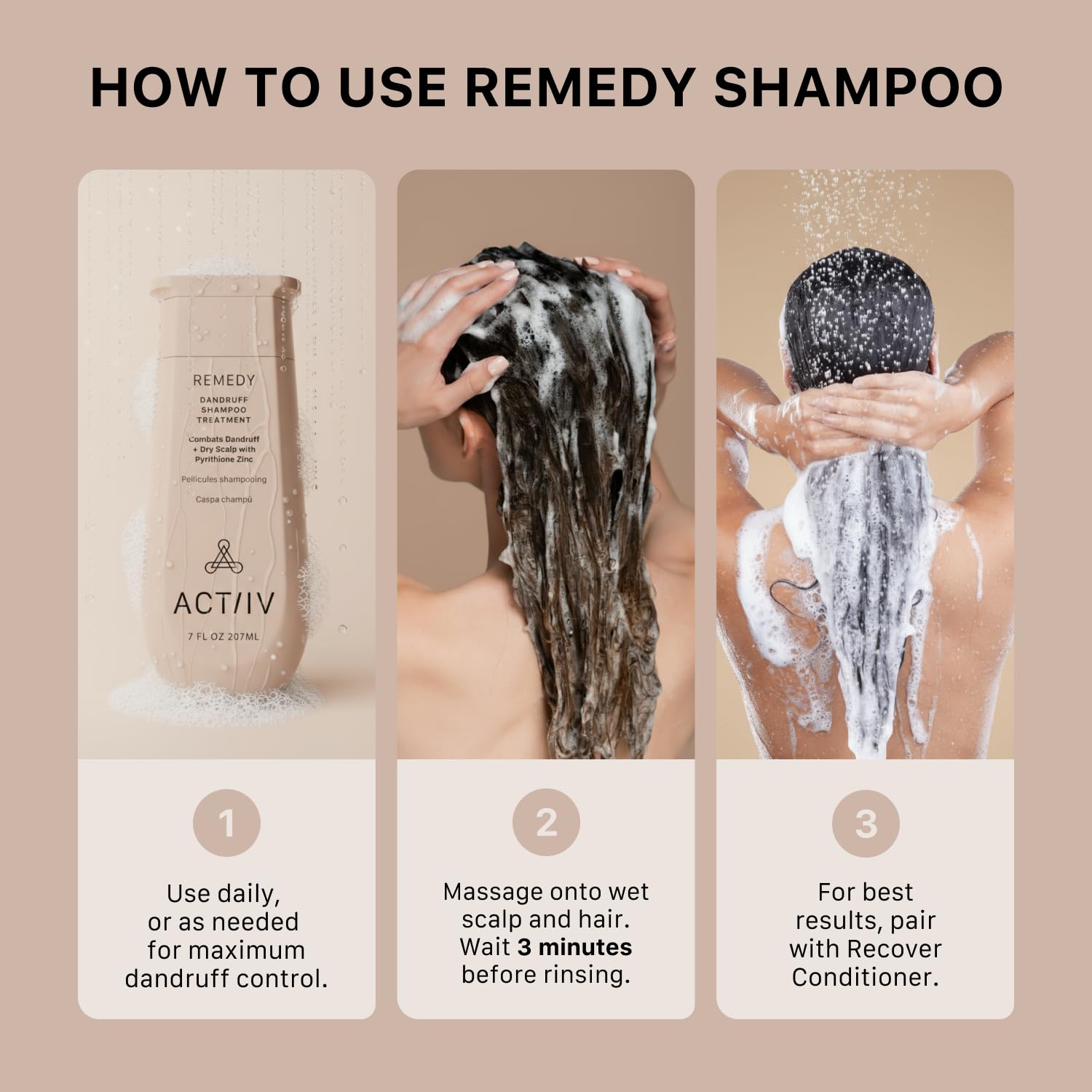 ACTIIV Remedy Dandruff Shampoo on a bathroom shelf emphasizes color-safe care