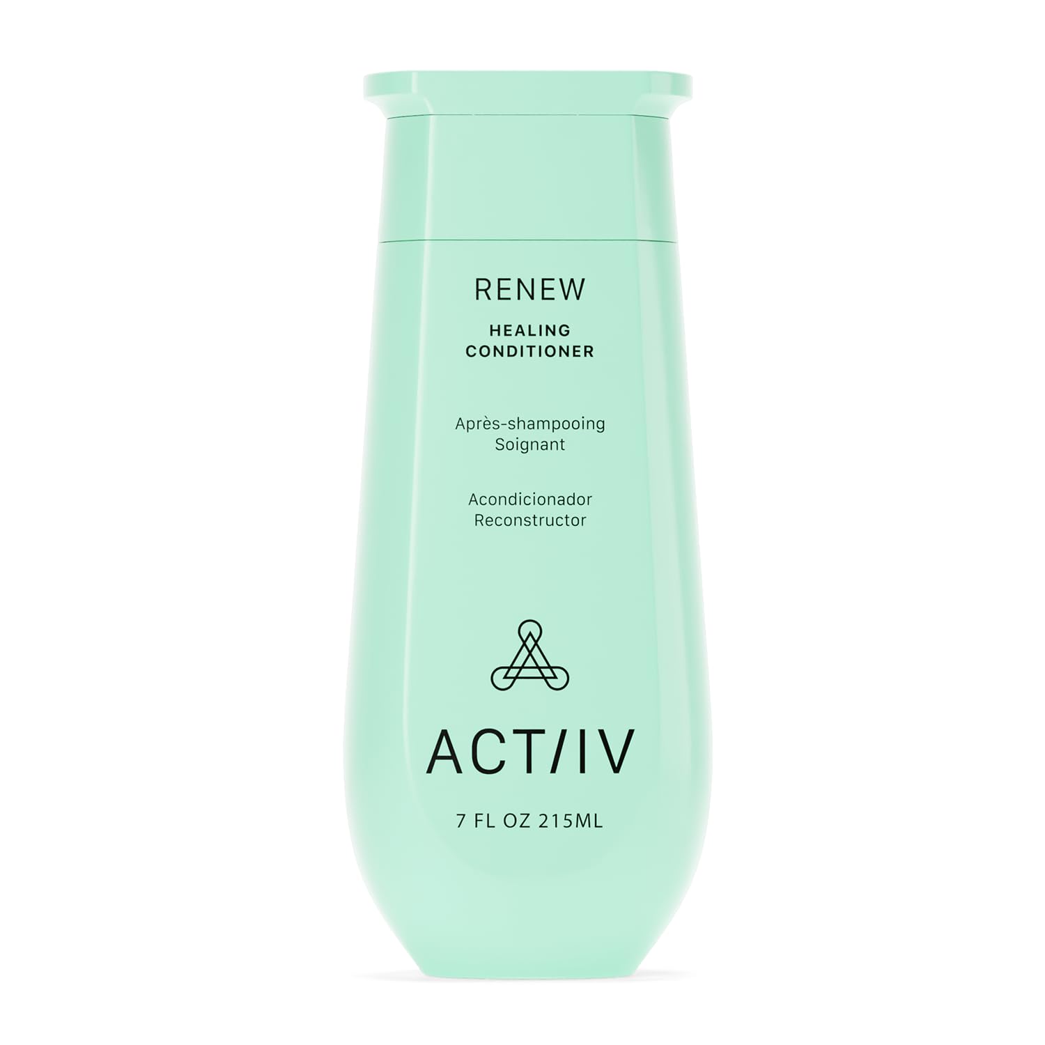 ACTIIV Renew Healing Conditioner bottle on bathroom shelf offers hydration for all hair types.