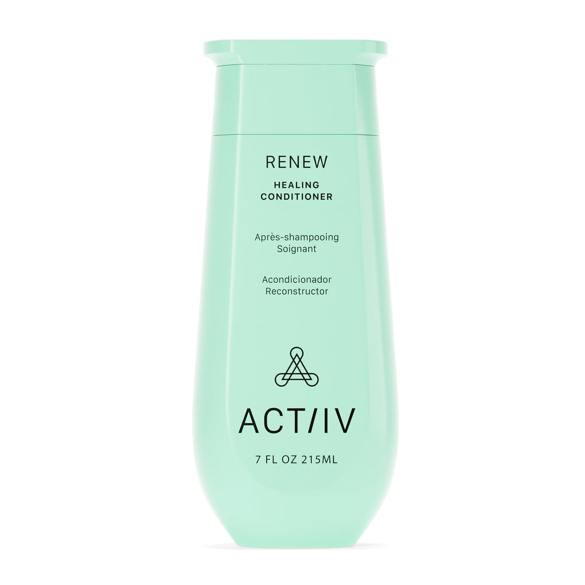 ACTIIV Renew Healing Conditioner bottle on bathroom shelf offers hydration for all hair types.
