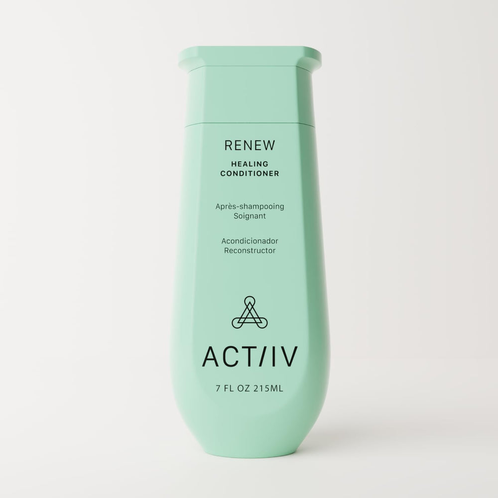 ACTIIV Renew Healing Conditioner label highlights plant-based, color-safe care.