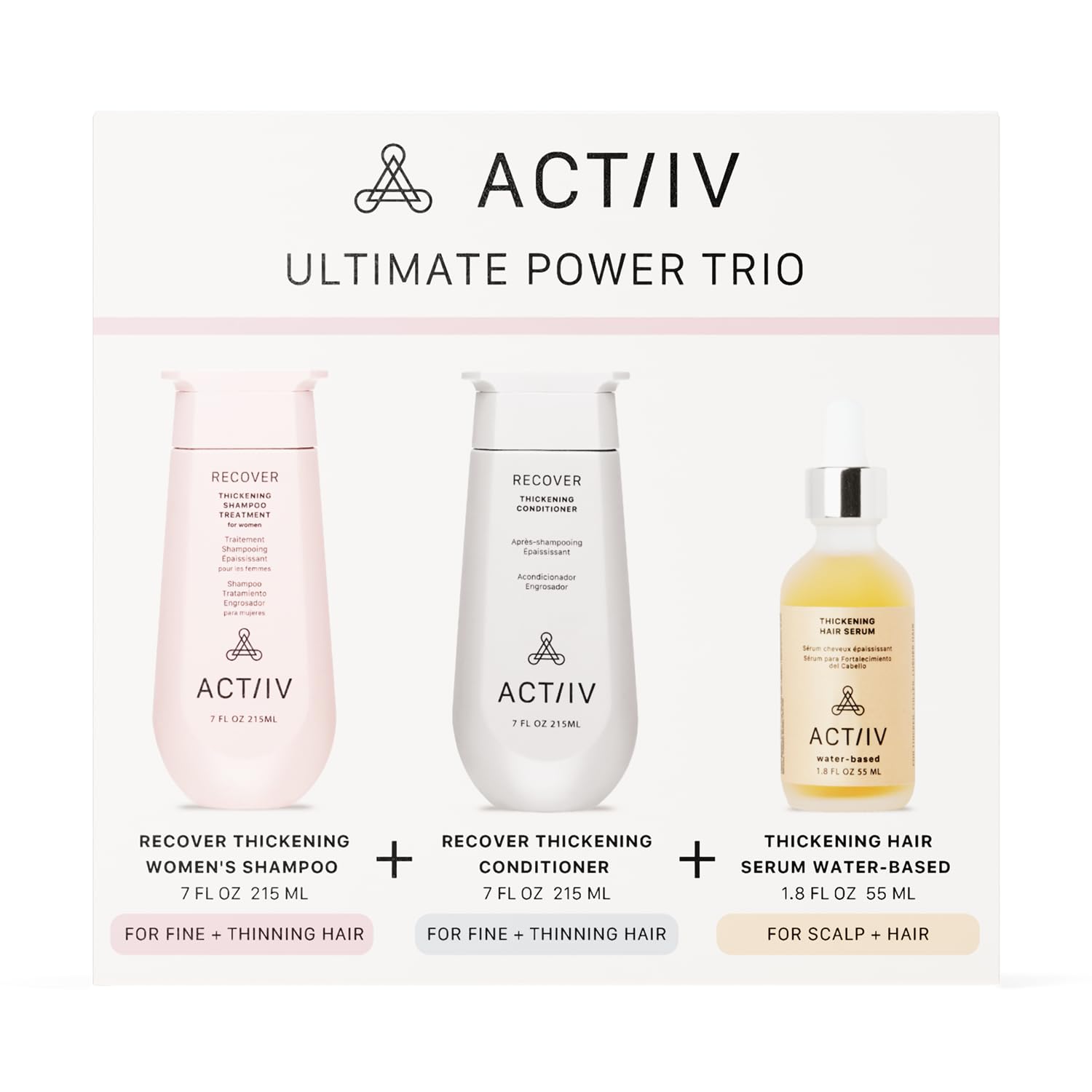 ACTIIV conditioner bottle nourishes strands and enhances fullness.
