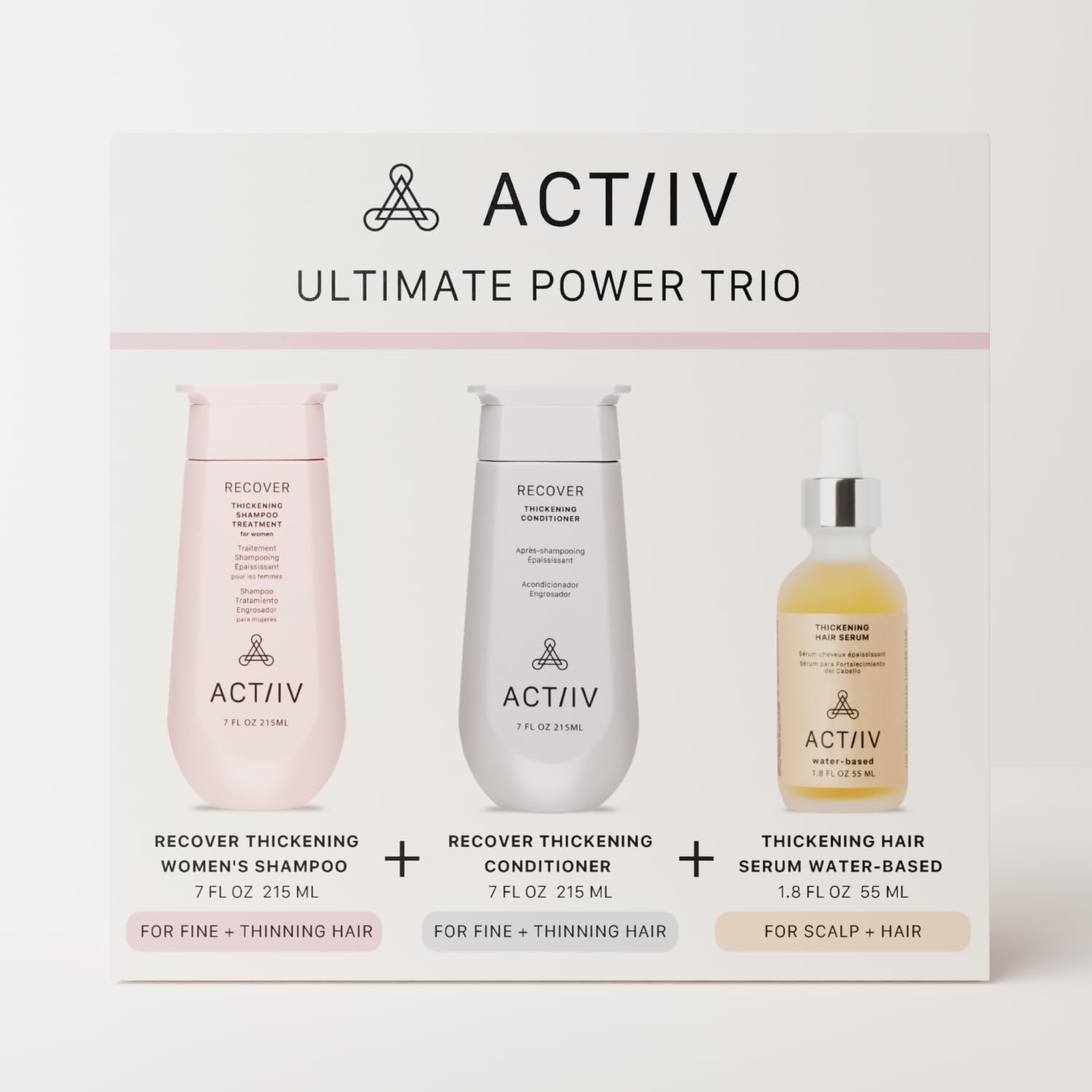 ACTIIV serum bottle shows lightweight, water-based formula for shine.