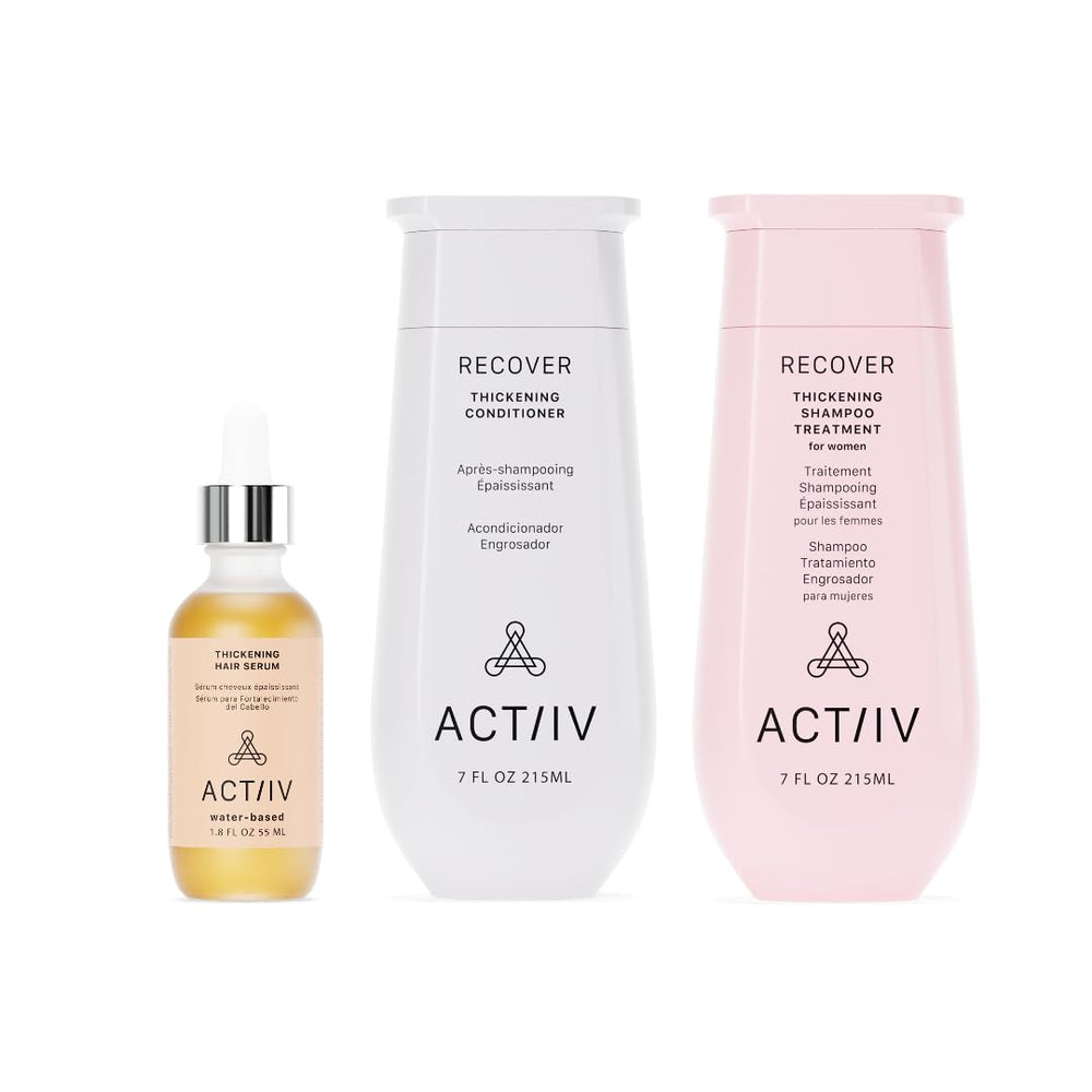ACTIIV Ultimate Power Trio shampoo bottle demonstrates gentle scalp cleanse for all hair types.