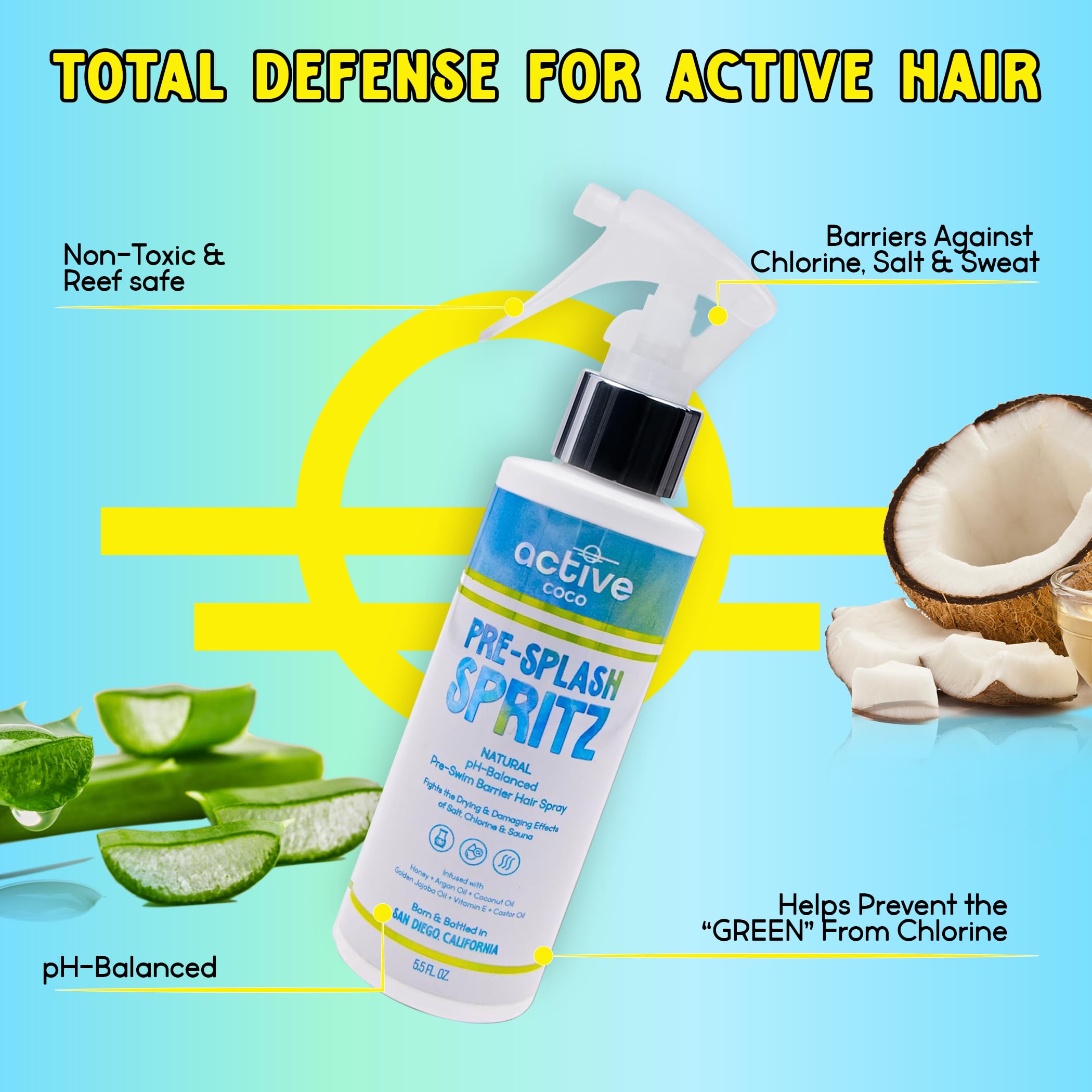 Active COCO bottle featuring coconut oil hydration for hair care.