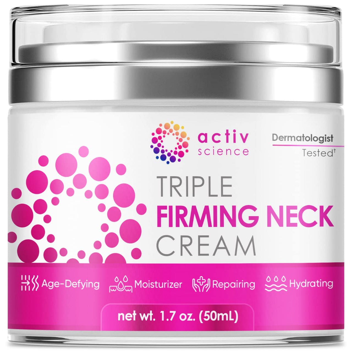 ACTIVSCIENCE Neck Firming Cream bottle close-up illustrating premium anti-aging formula.