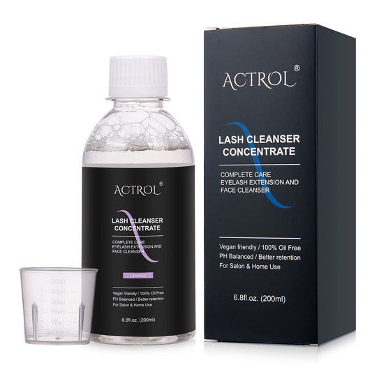 ACTROL Eyelash Cleanser bottle pour showcasing easy daily lash maintenance