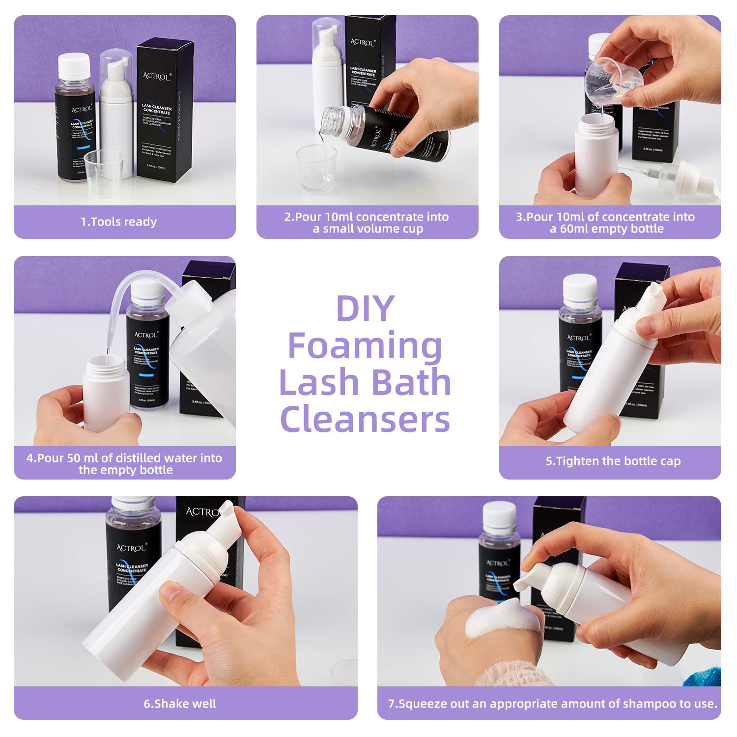 ACTROL eyelash cleanser close-up shows safe, oil-free formula for daily use