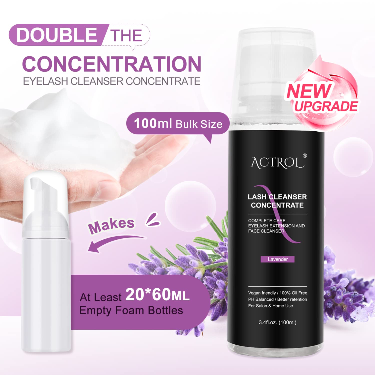 ACTROL lash shampoo foaming lather in clear bottle, ideal for extensions