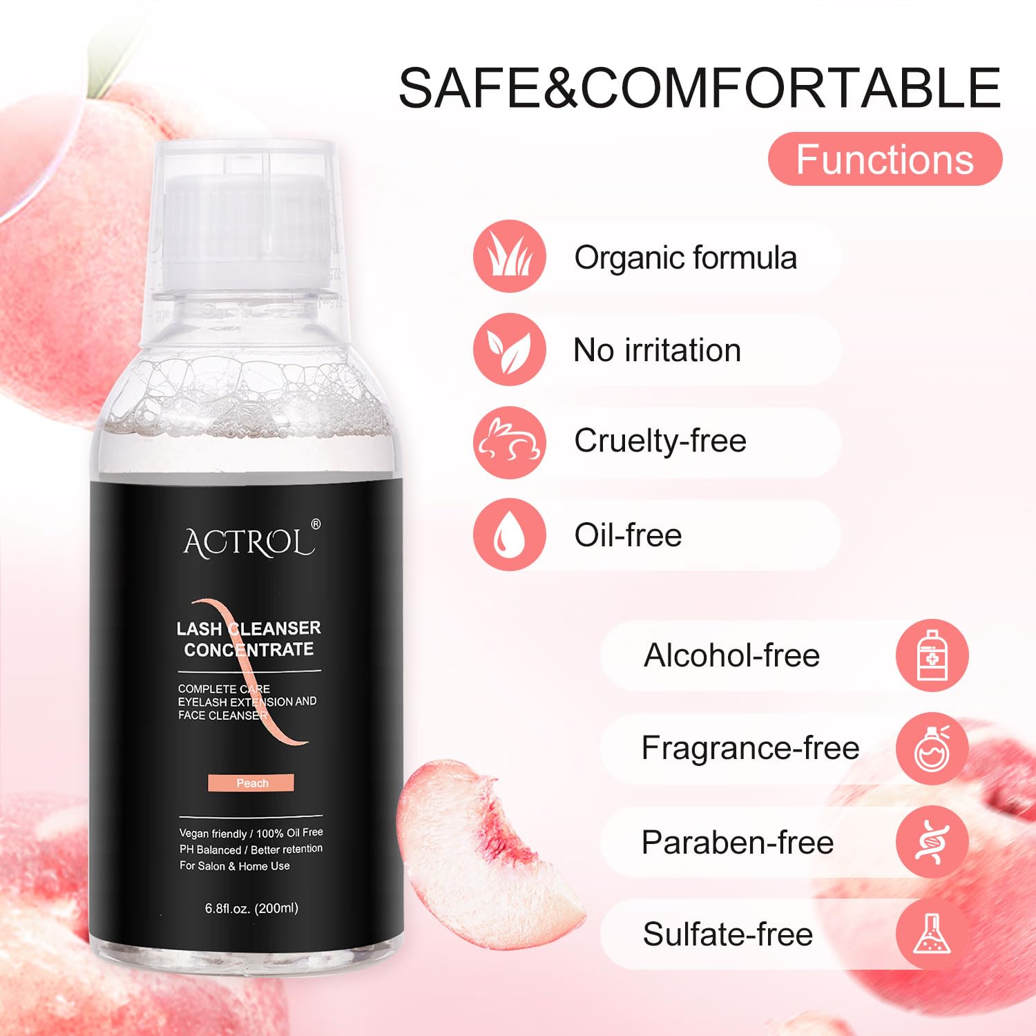 ACTROL Eyelash Cleanser Concentrate label closeup highlights oil-free, paraben-free formula.