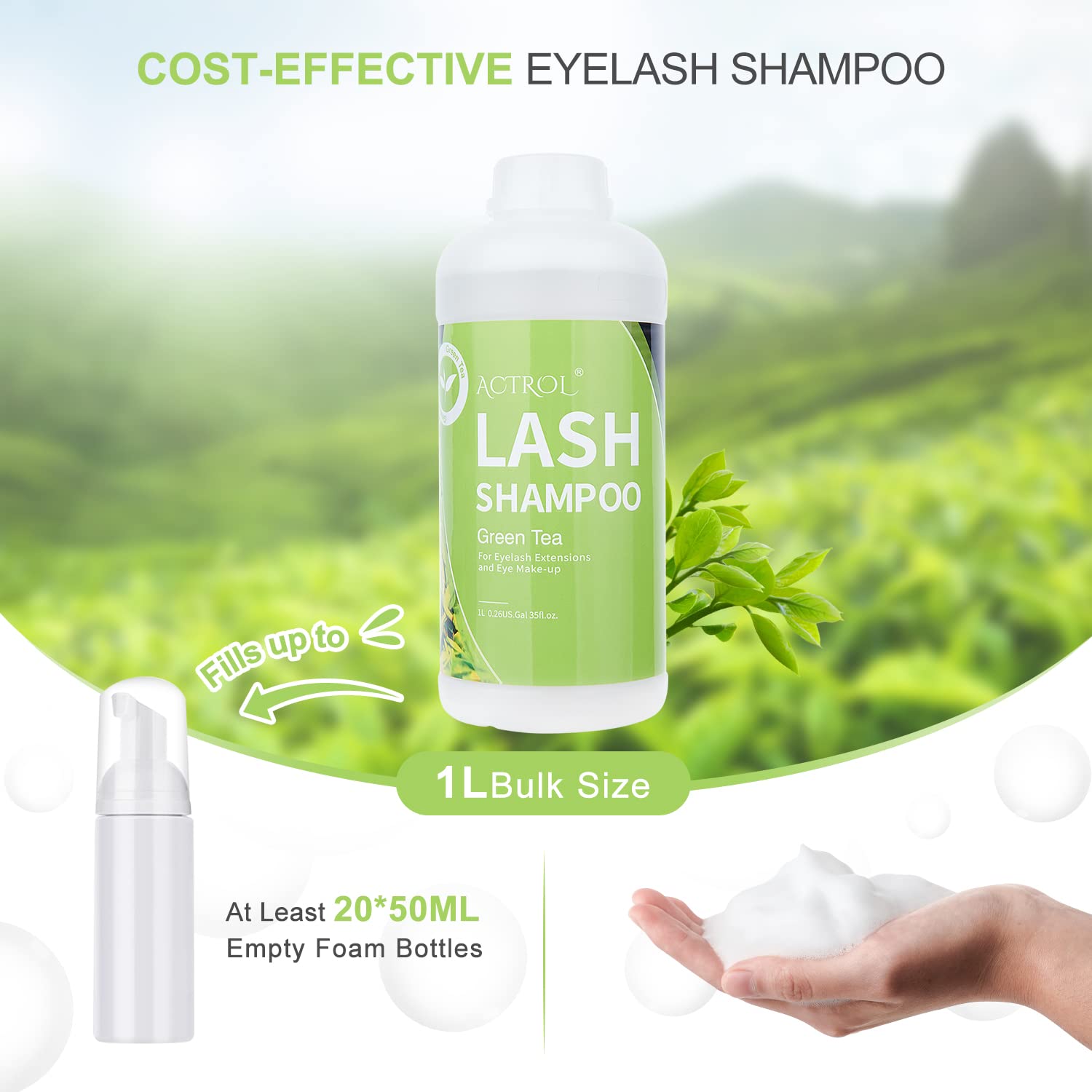 ACTROL Eyelash Extension Cleanser Green Tea pump-head view—easy dispensing for efficient salon routines.