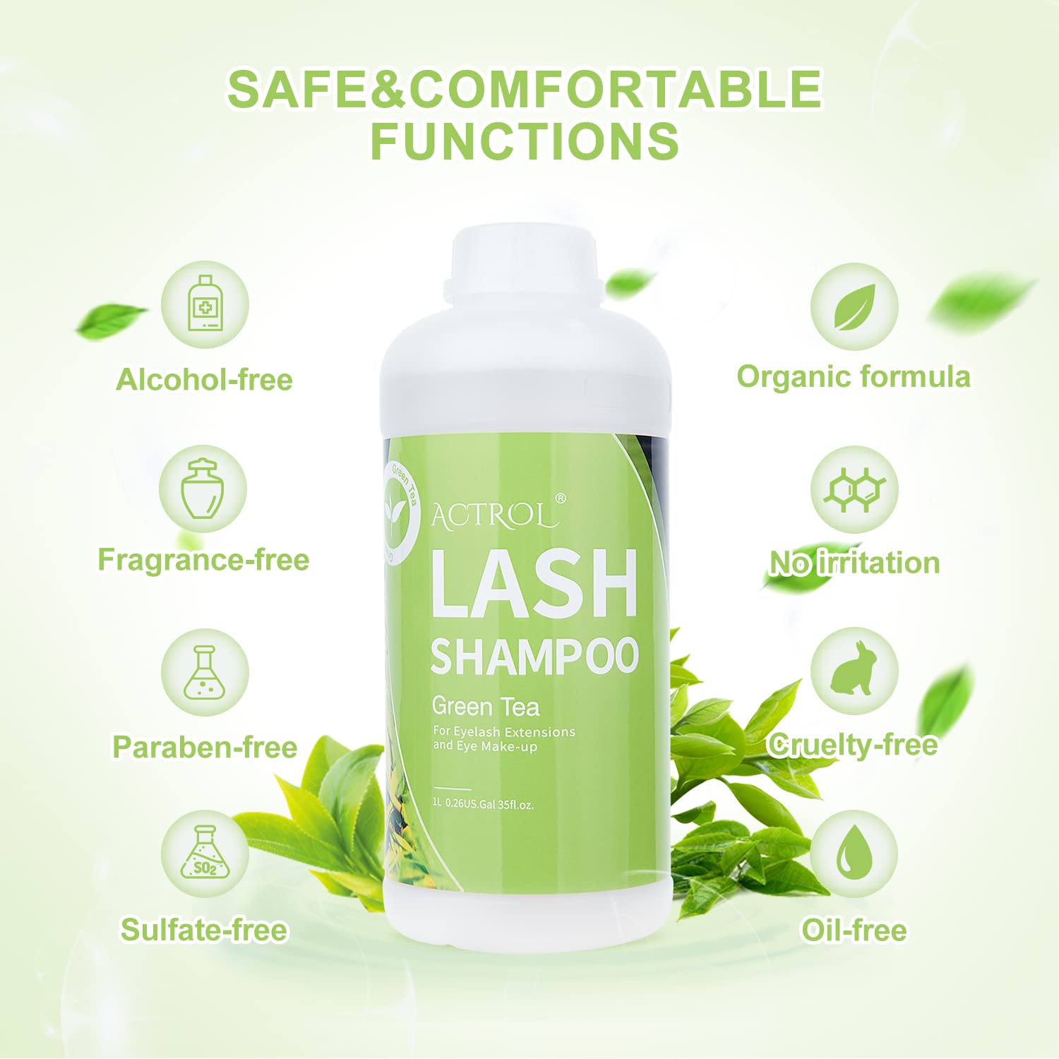 ACTROL Eyelash Extension Cleanser Green Tea ingredients label—natural formula with unscented hydrosol.