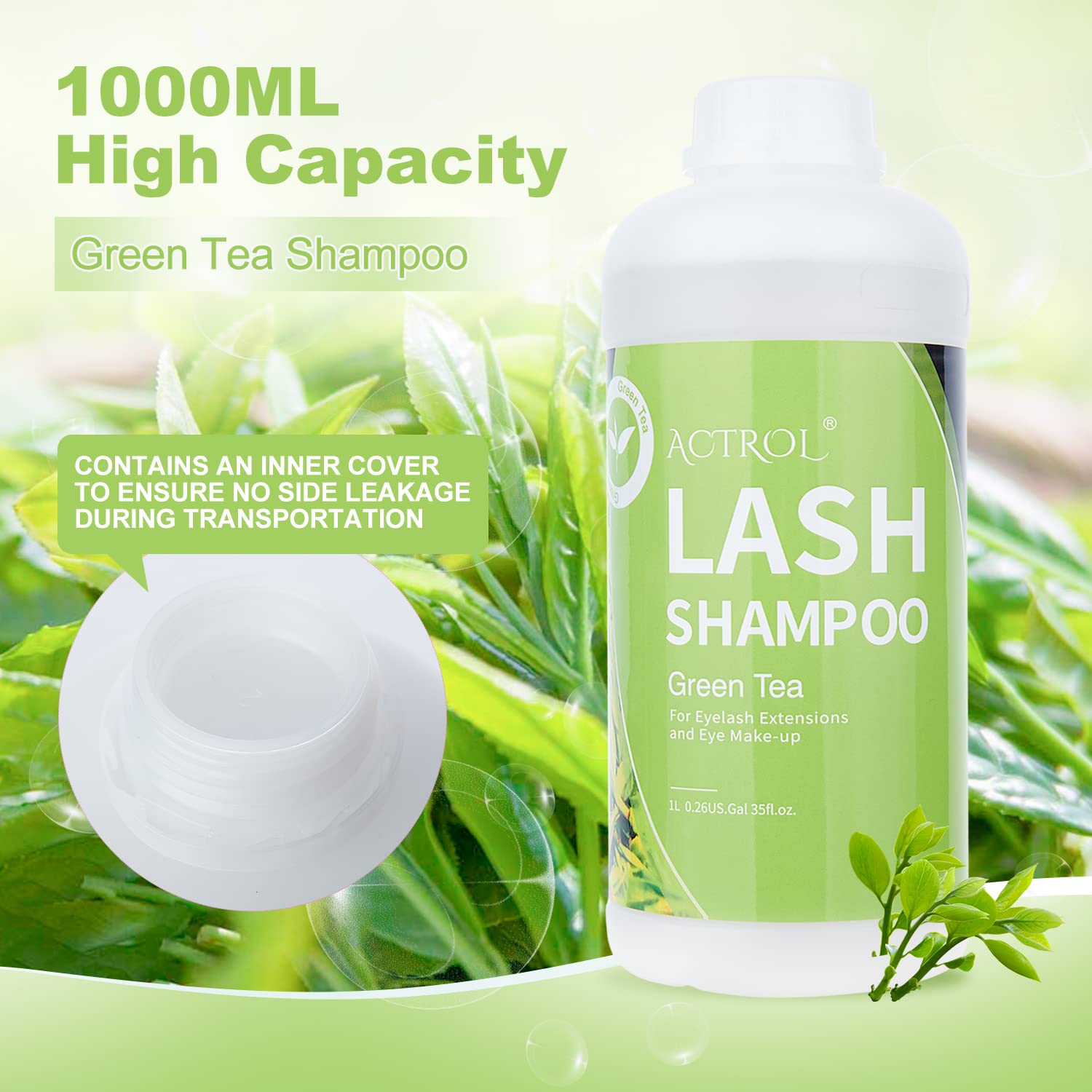 ACTROL Eyelash Extension Cleanser Green Tea lid-cap close-up—secure cap design prevents leakage.