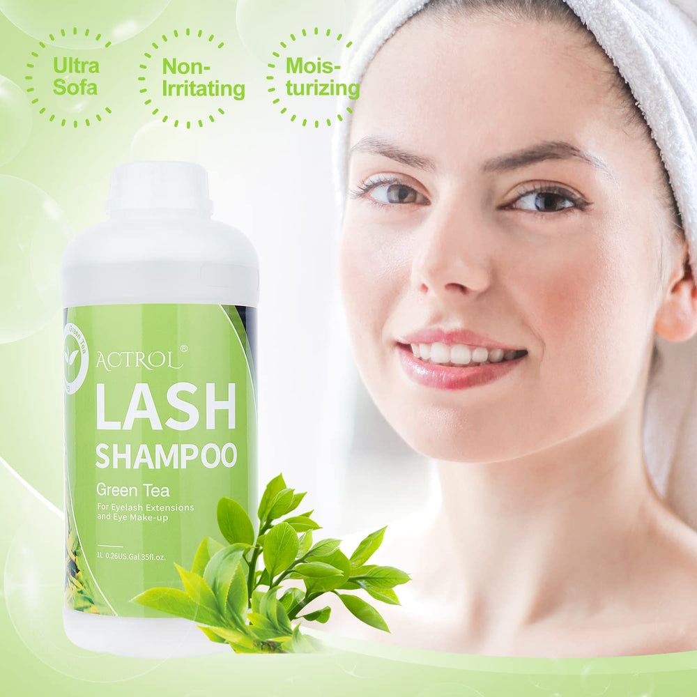 ACTROL Eyelash Extension Cleanser Green Tea salon-use setting—1L bottle for pro and home care.