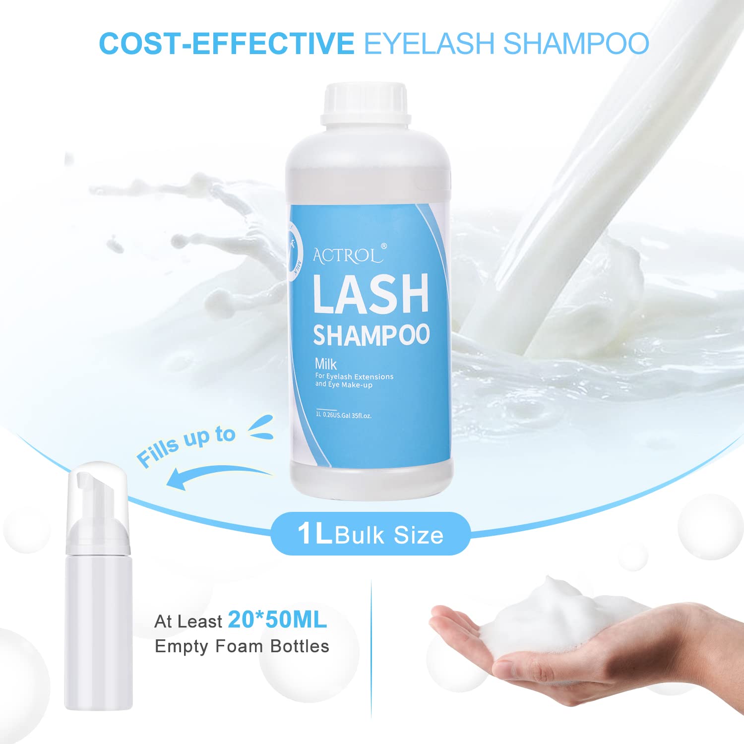 ACTROL Eyelash Cleanser Milk pump head close-up highlighting replaceable design.