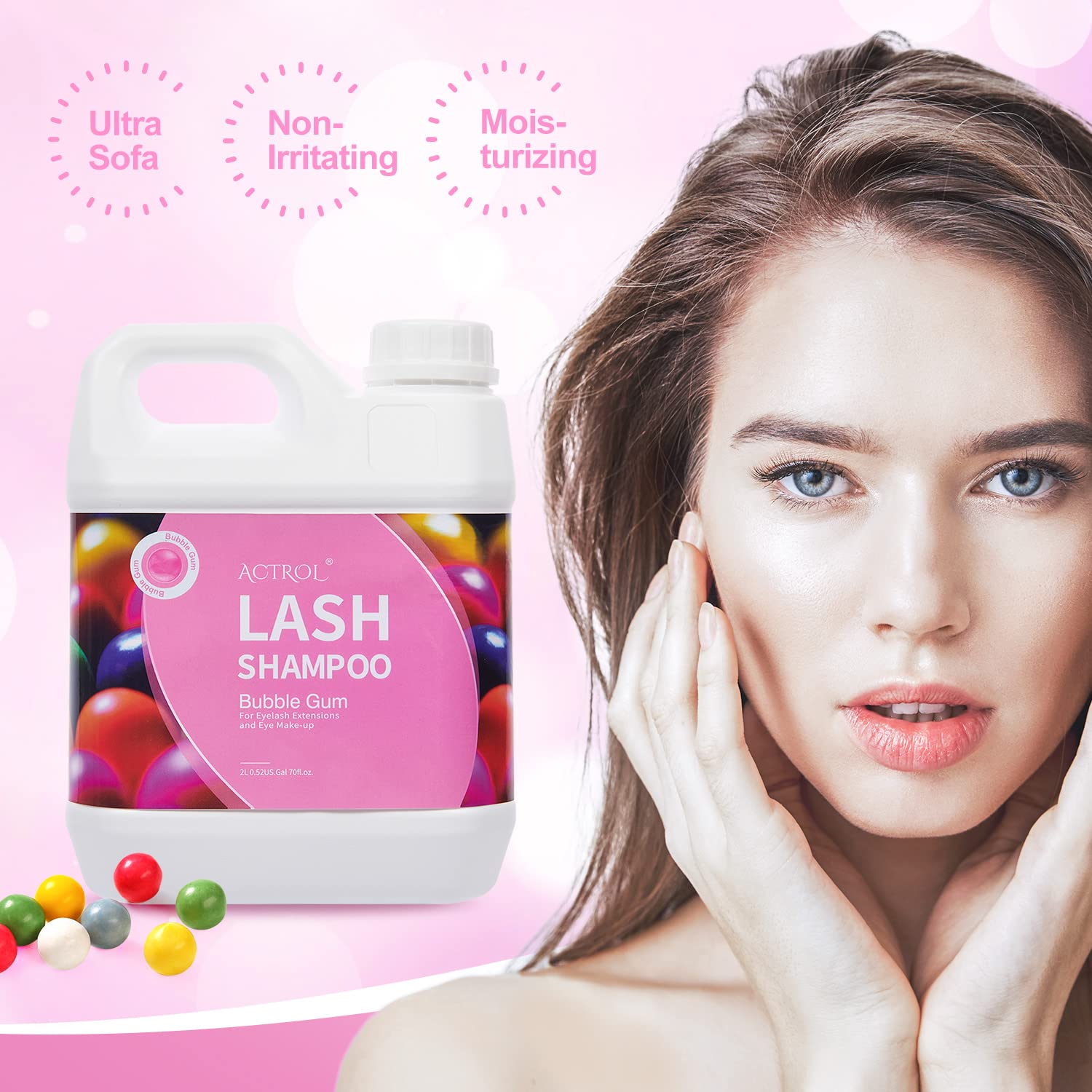 Actrol Eyelash Cleanser with rose hydrosol ingredient highlight.