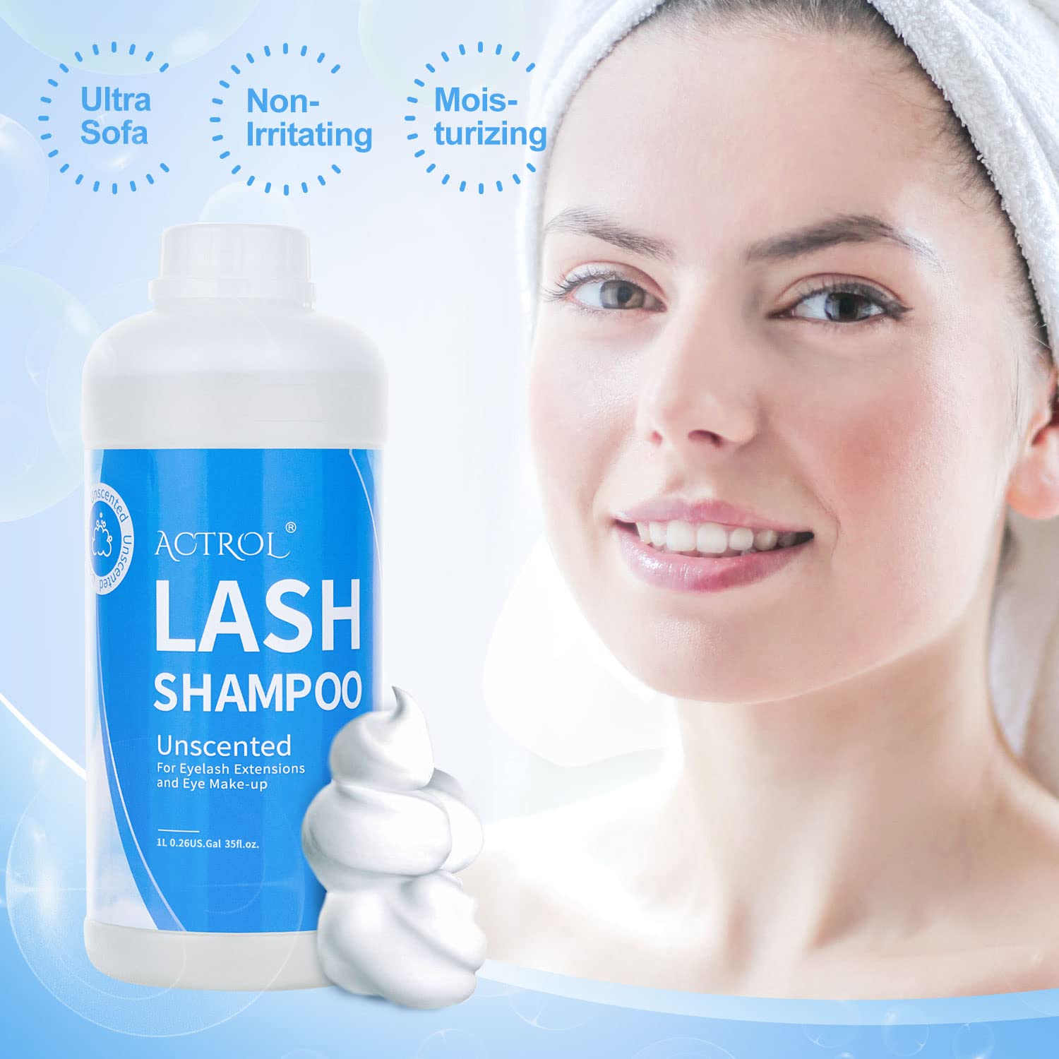 ACTROL eyelash cleanser safety cap design reduces leakage and keeps contents sanitary.